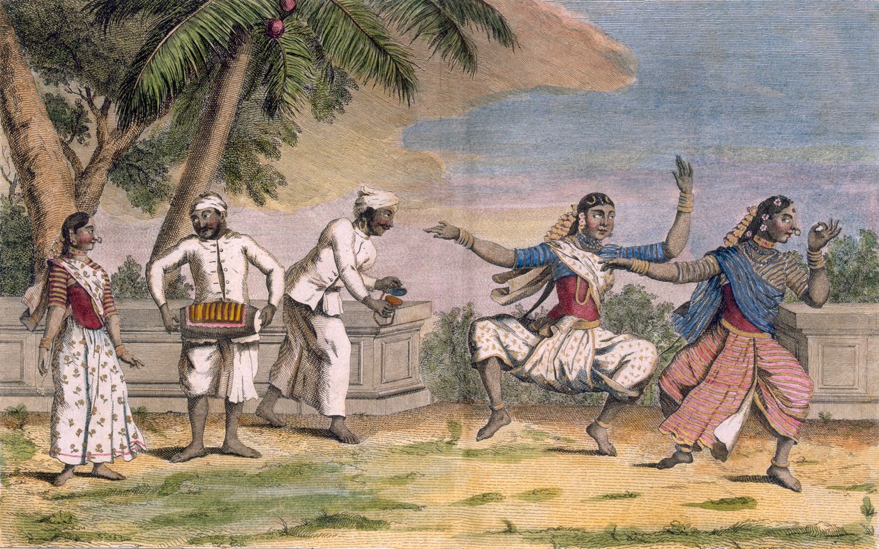 A troupe of Bayaderes, or Indian dancing girls, with male musicians, illustration from 