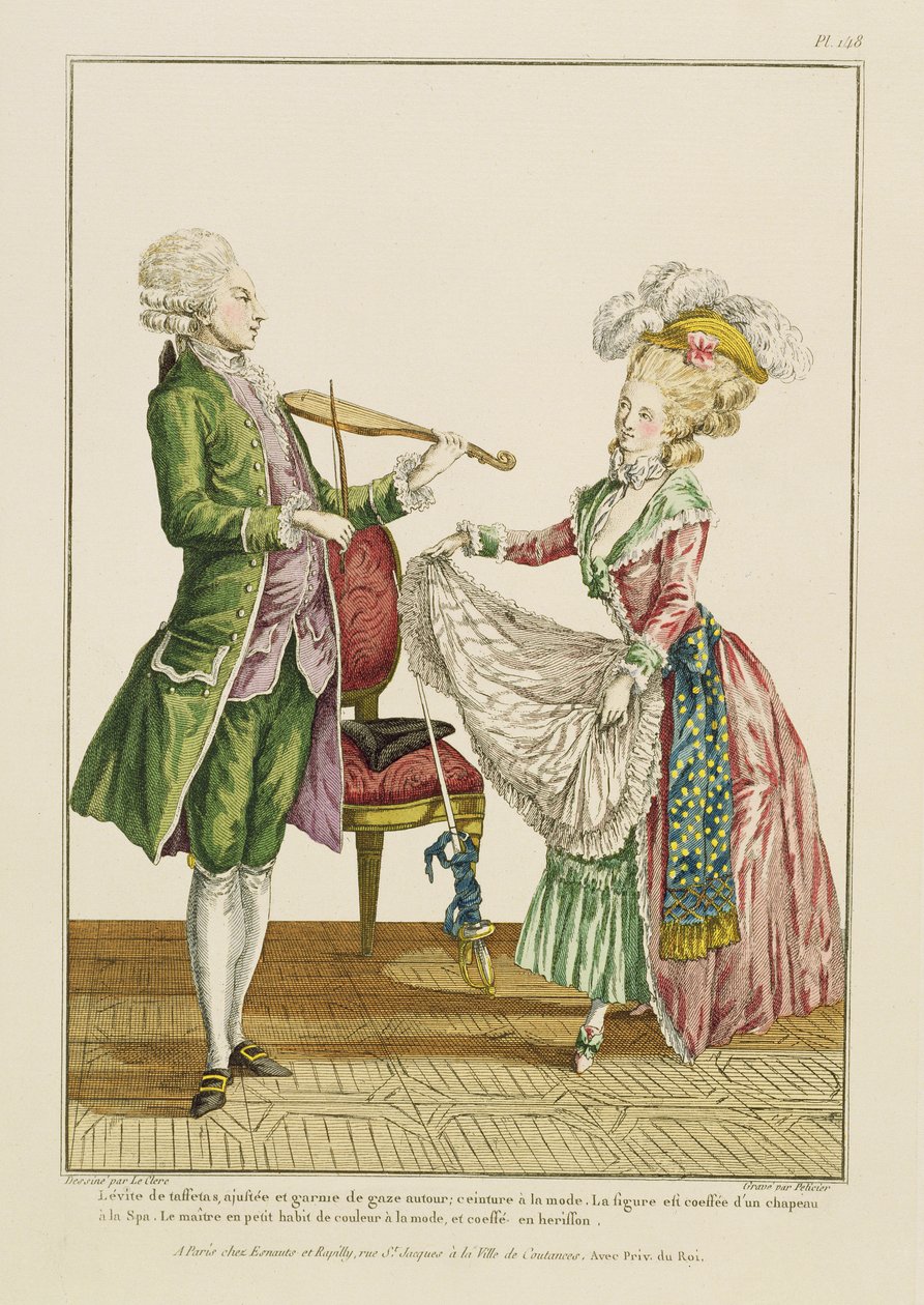 A gentleman playing the violin while a lady dances, engraved by J. Pelicier by Pierre Thomas Le Clerc