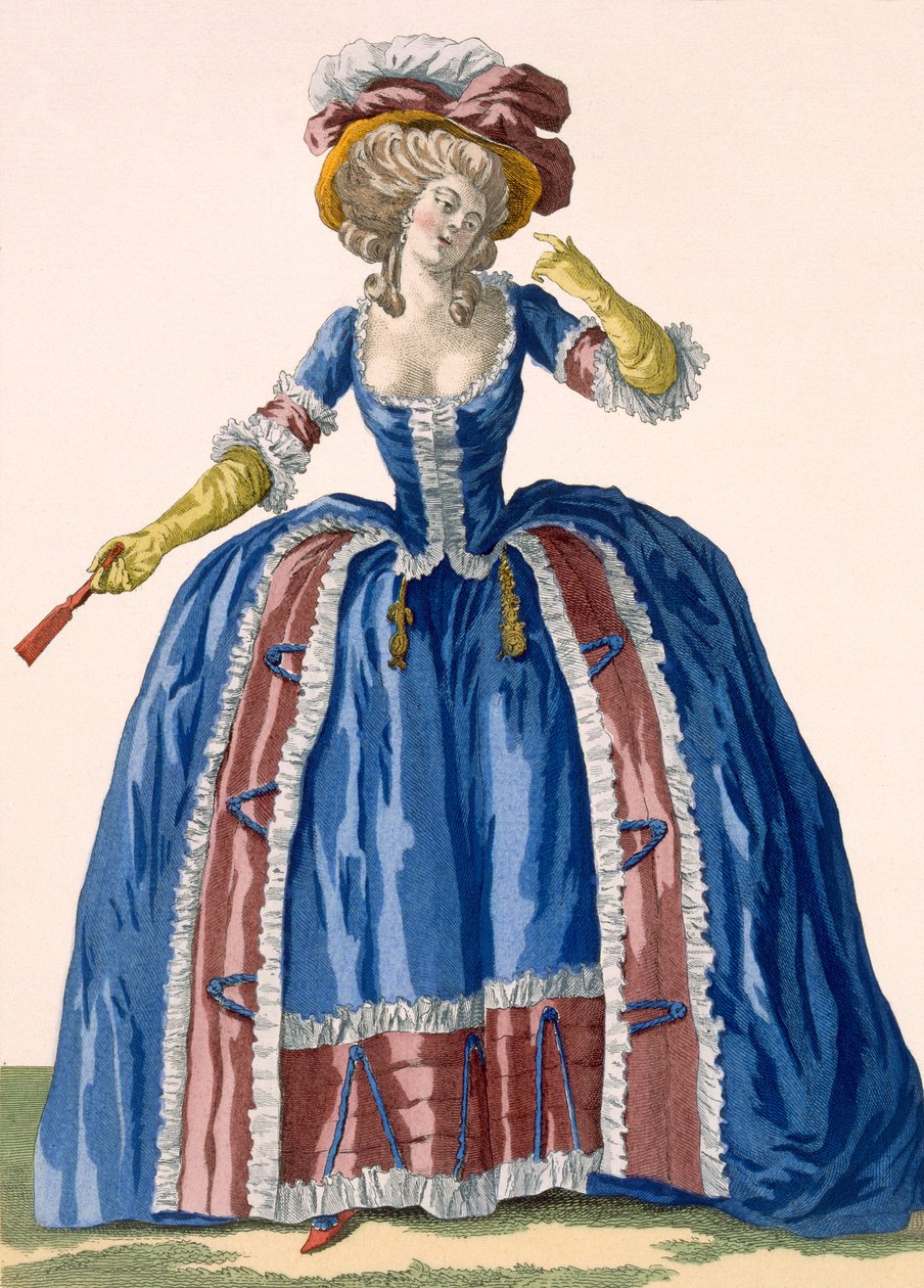 English Style Hooped Dress in Electric Blue with Burgundy Frilled Edging, Engraved by Bacquoy, Plate No.182 from 
