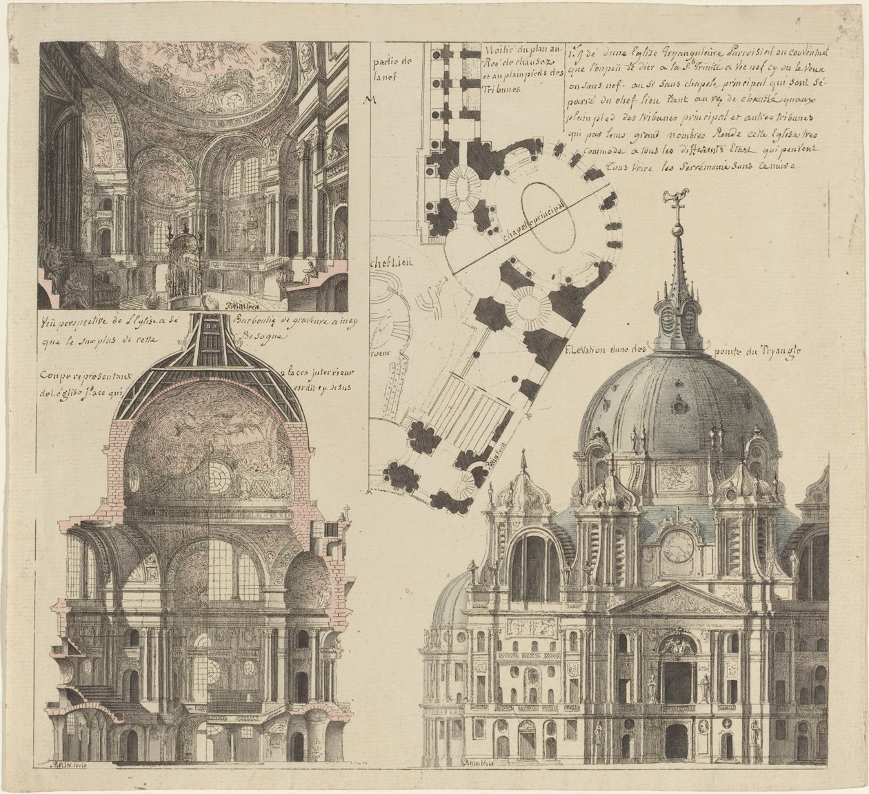 Three Views and a Plan of a Triangular Parish Church by Pierre Varin