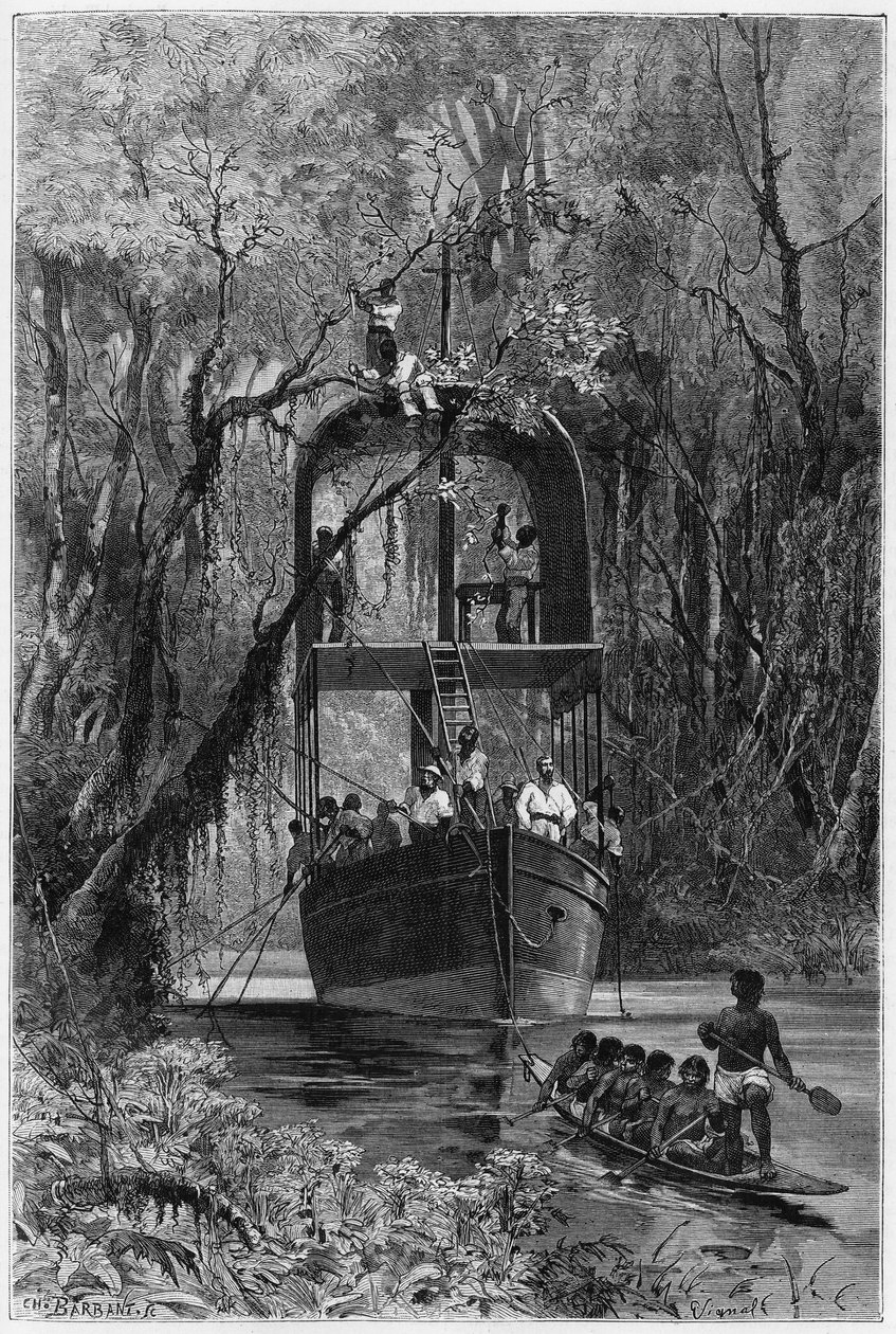 A flooring boat, borrowed by the explorer, to descend the upper Samiria (Peru). Engraving by Vignal, to illustrate the story 