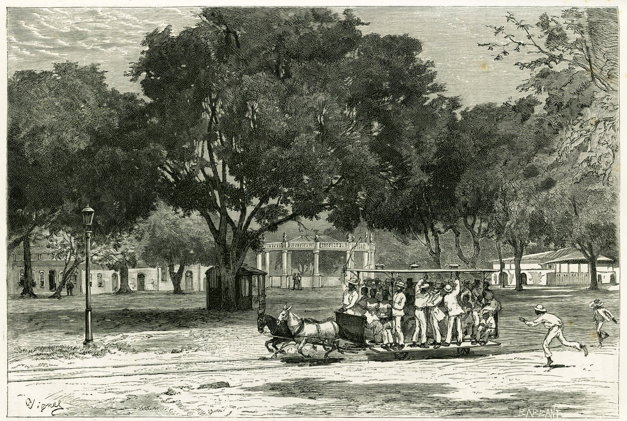 Tram, shooting by horses, in the port of Para (Brazil), on the largo of Nazareth. Engraving by Vignal, to illustrate the story Amazon and Cordilleres by Pierre Vignal