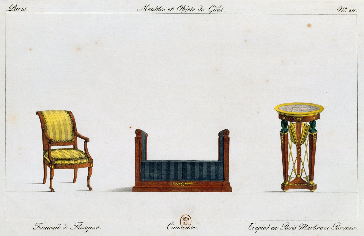 Flanged Armchair, Loveseat and Tripod Table, Plate 211, Illustration from Collection de Meubles et Objects de Gout by Pierre de La Mesangere