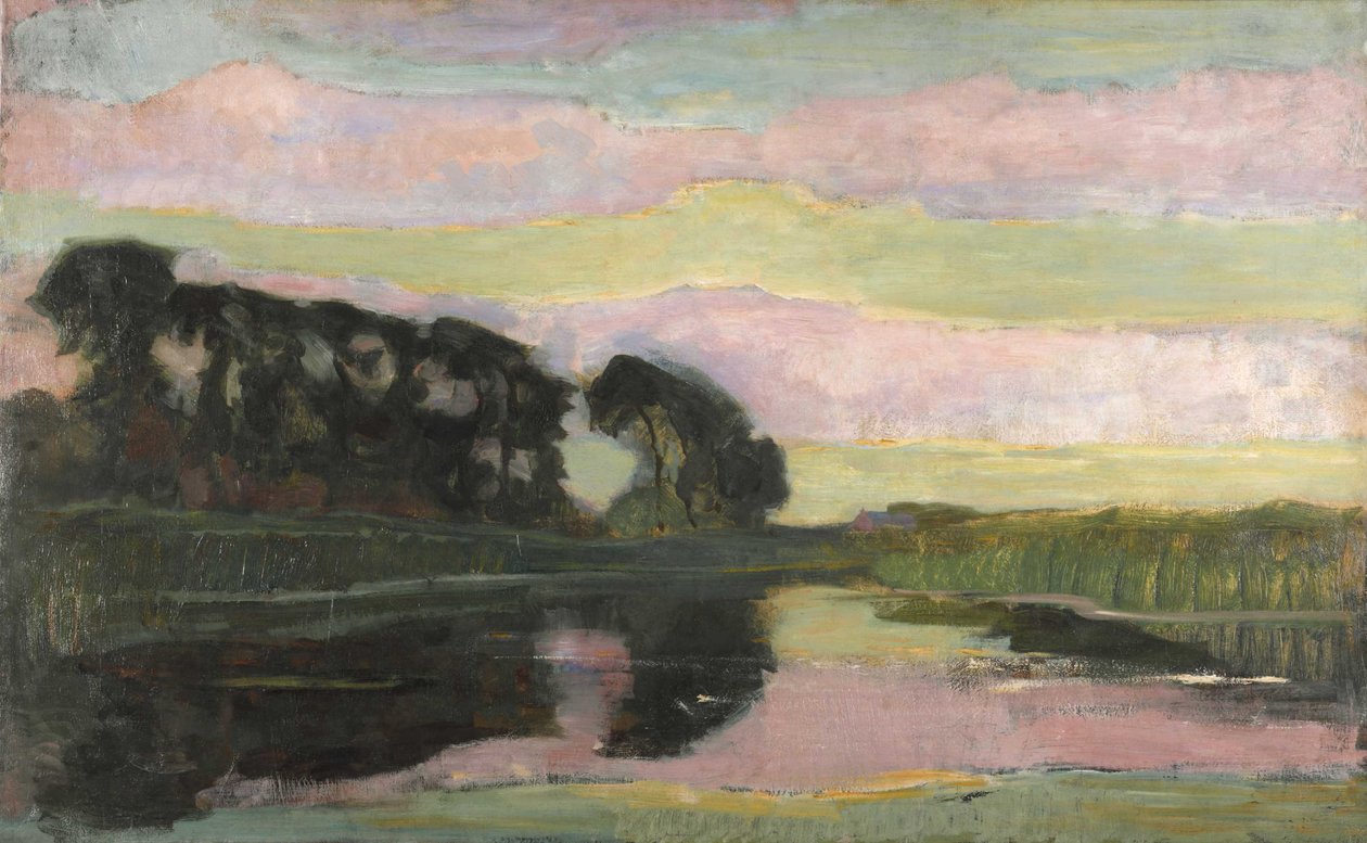 River Landscape with Pink and Yellowgreen Sky by Piet Mondrian