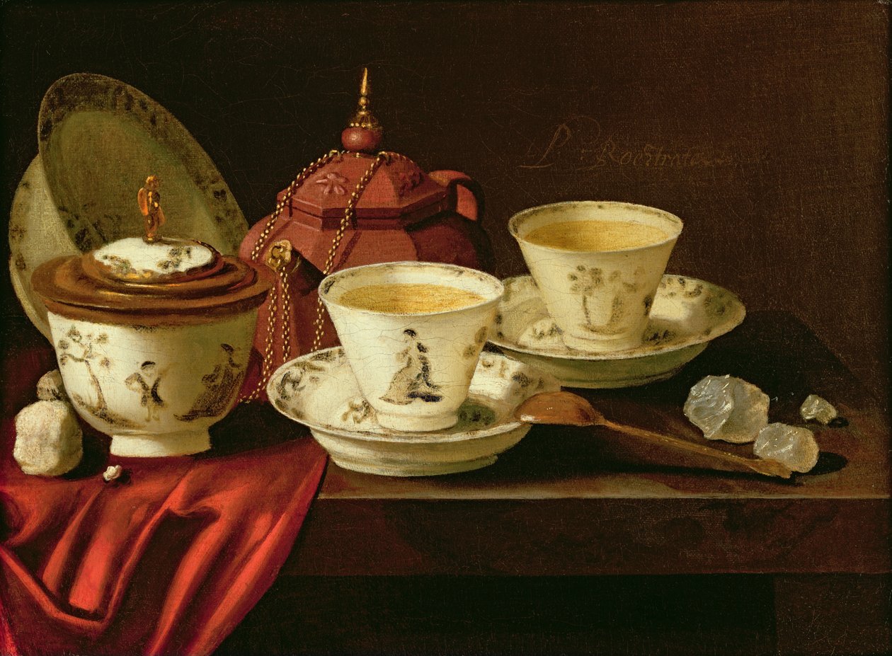 A Yixing Teapot and a Chinese Porcelain Tete-a-Tete on a Partly Draped Ledge by Pieter Gerritsz. van Roestraten