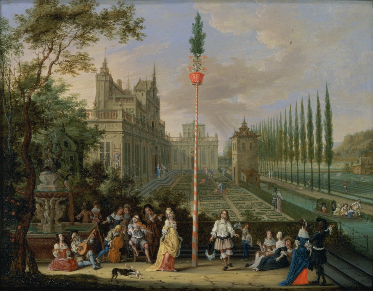 Elegant Figures Playing Musical Instruments around a Maypole by Peeter Gijsels