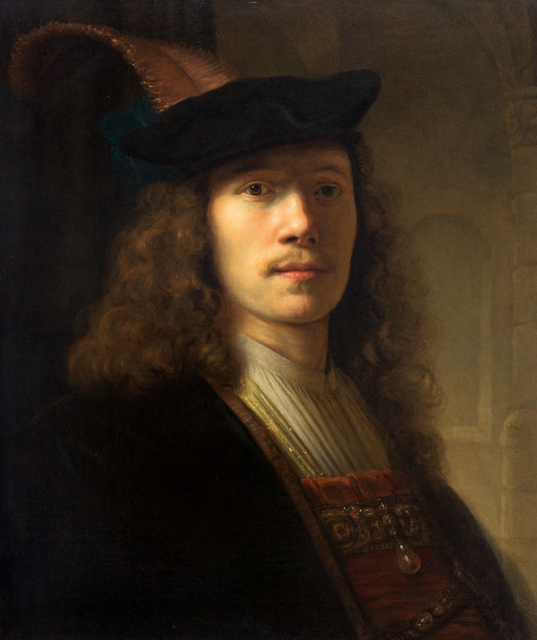 Portrait of a Man in a Feathered Beret with Shaded Eyes by Pieter Hermansz Verelst
