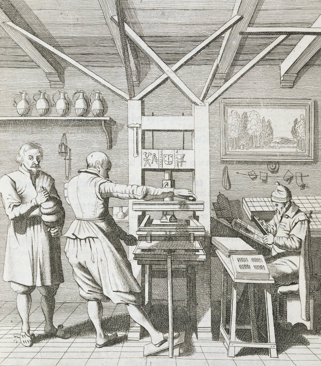 The Bindery of Laurens Janszoon Koster, Engraved by J. van der Velde, Published in 