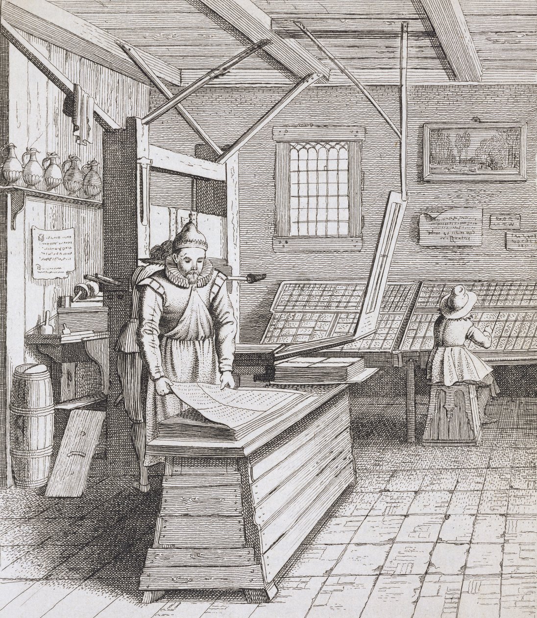 The Bindery of Laurens Janszoon Koster, Engraved by J. van der Velde, Published in 