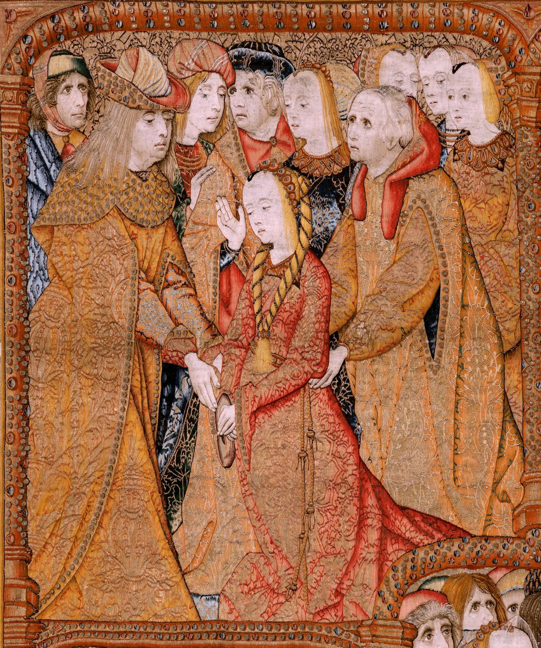 Flemish tapestry. Series Triumphs of the Mother or Paños de Oro. God send the Arcangel Gabriel. First tapestry in the series. Model Colin de Cooter(?). Manufacture Pieter van Aelst (or van Edingen), Brussels. Ca1500-1502 by Pieter (attr. to) Coecke van Aelst
