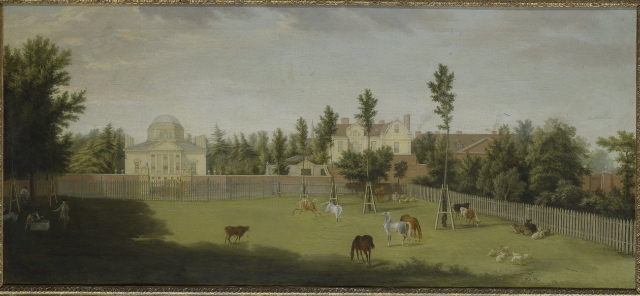 View of the new villa, old house and stables from across Burlington Lane, Chiswick Villa by Pieter Andreas Rysbrack