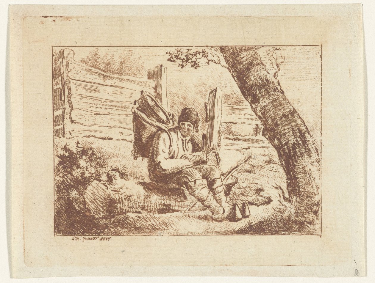 Man sitting with a basket on his back by Pieter Barbiers (IV)