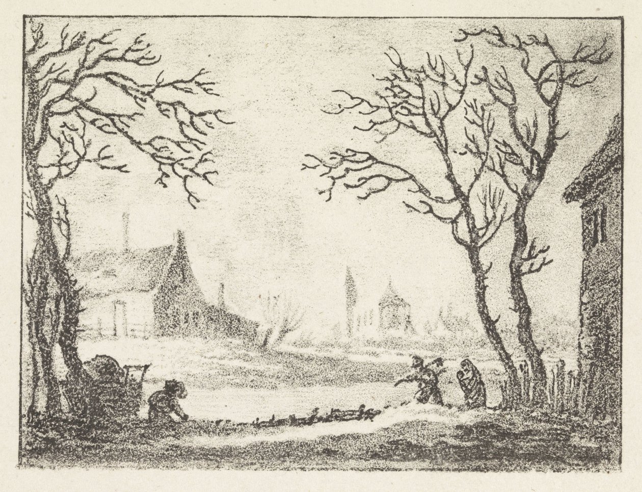 Winter Landscape with Houses and Figures by Pieter Bartholomeusz. Barbiers