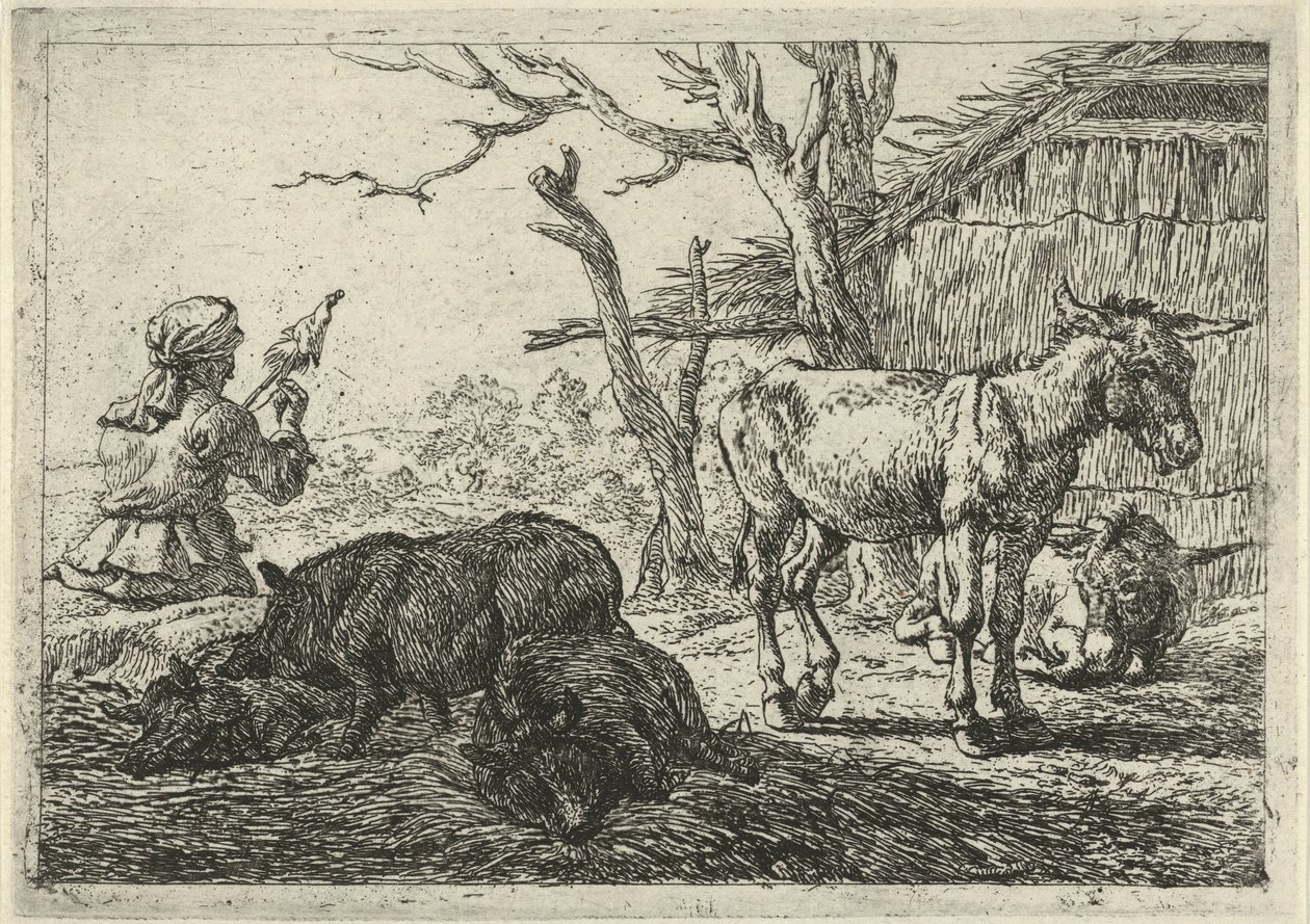 Spinning Woman, Pigs, and Donkeys (Various Animals) by Pieter Bodding van Laer