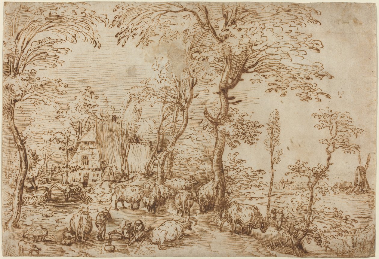 Peasants and Cattle near a Farmhouse by Pieter Bruegel the Elder