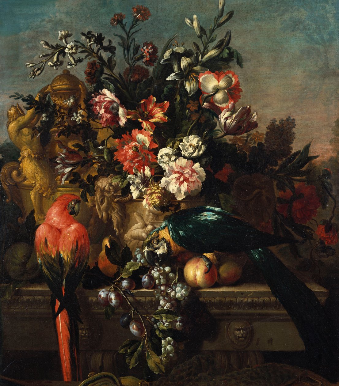 Carnations and other flowers with parrots on a pedestal by Pieter Casteels