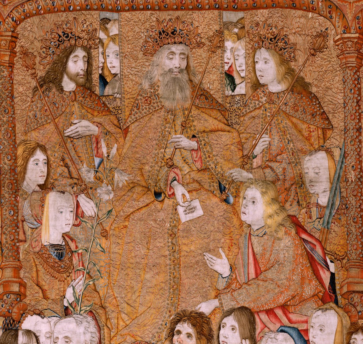 Triumphs of the Mother or Paños de Oro. God send the Arcangel Gabriel. First tapestry in the series. Ca 1500-1502 by Pieter Coecke van Aelst
