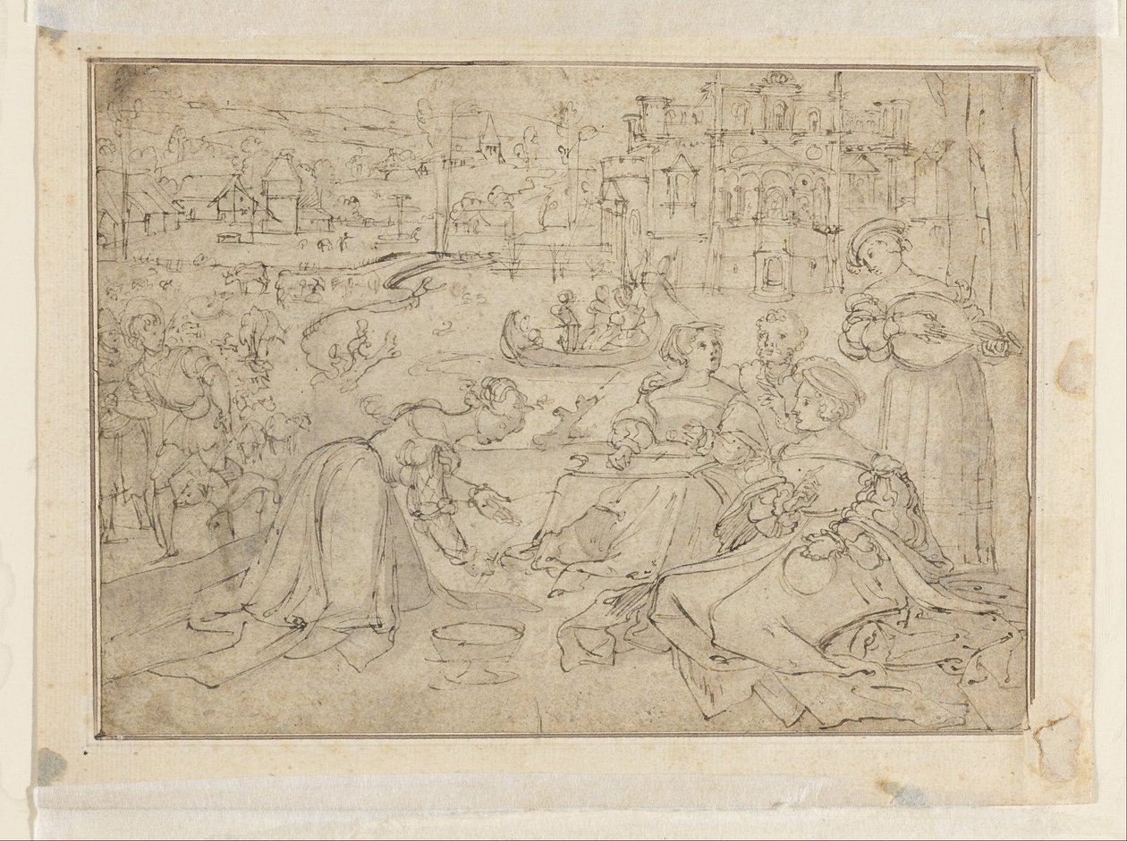 The Month of April (Figures in a park near a castle); Youth from The Three Ages of Man (detail) by Pieter Coecke van Aelst