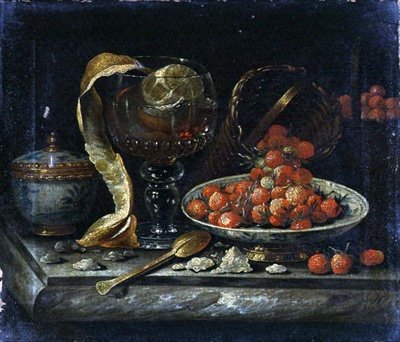 Still Life of Chinese Blue and White Bowl and Cover, Glass Roemer, Gold Spoon and Fruit by Pieter Gerritsz. van (manner of) Roestraten