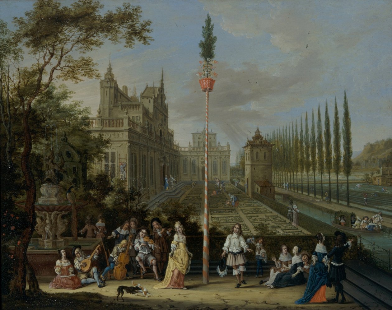 Figures Dancing Around a Maypole, in the Grounds of a Castle by Peeter Gijsels