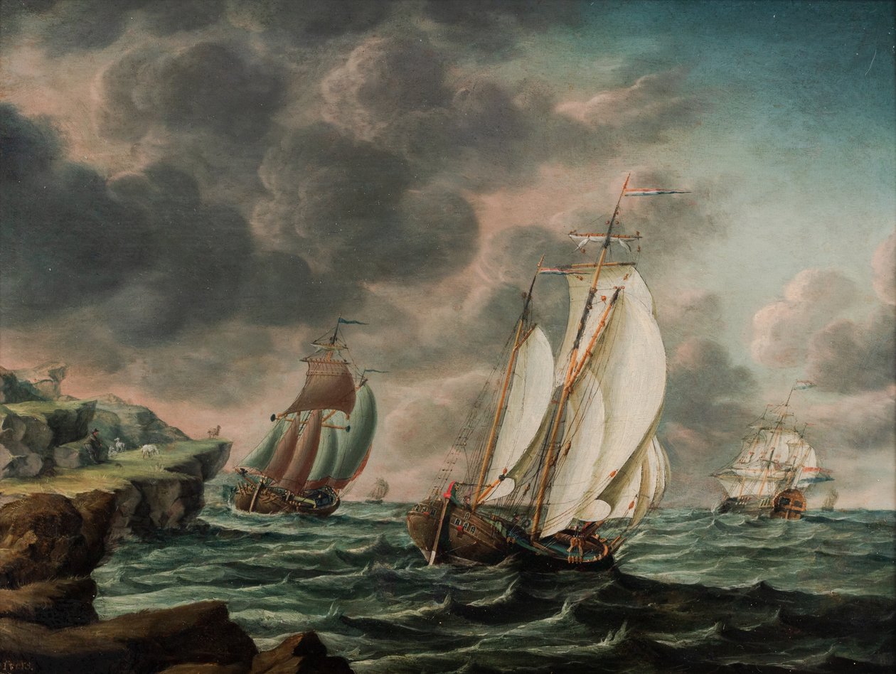 Dutch Merchant Flutes Inshore off a Rocky Coastline by Pieter Jochums Lofvers