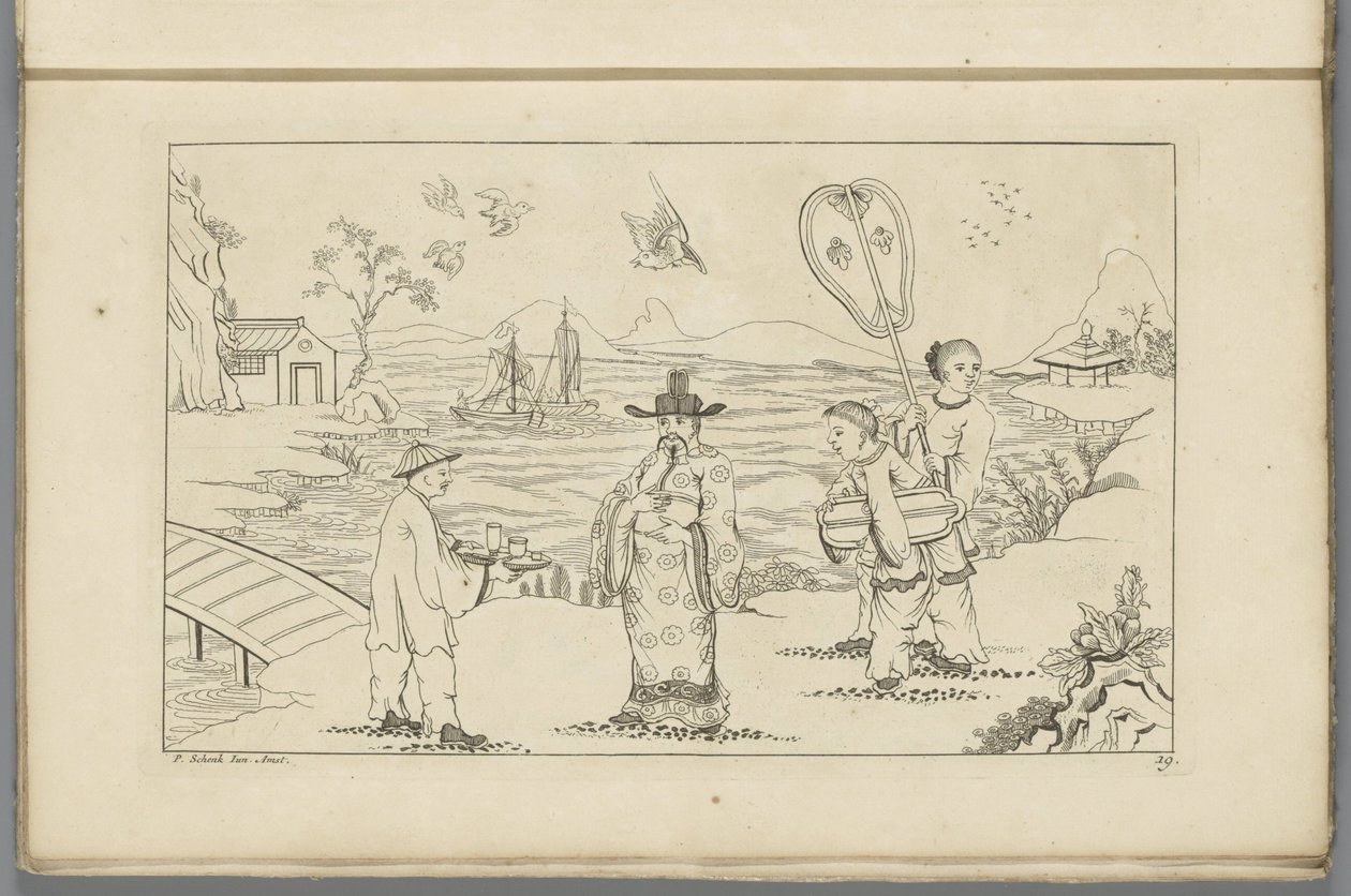 Chinese Gentleman Receiving Tea from a Servant in a Landscape by Pieter Schenk (II)