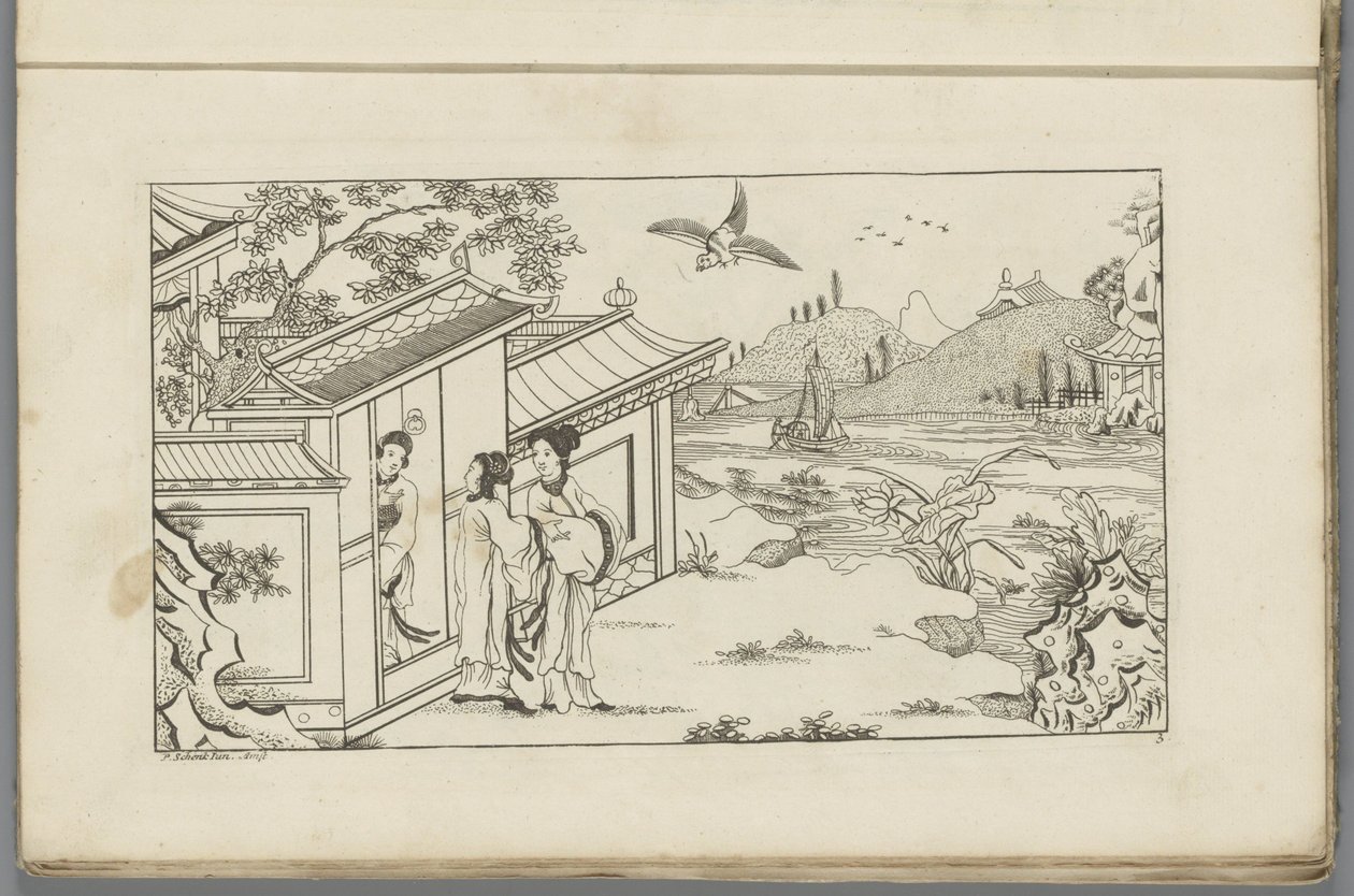 Landscape with Three Chinese Women at the Doorway of a House (Newly Invented Chinese, First Part) by Pieter Schenk (II)