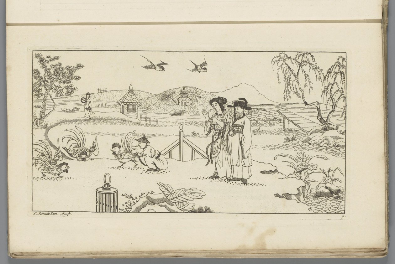 Landscape with Spectators at a Cockfight (Series Title: Newly Invented Chinese, Drawn and Published with Great Effort by P: Schenk Jun, First Part) by Pieter Schenk (II)