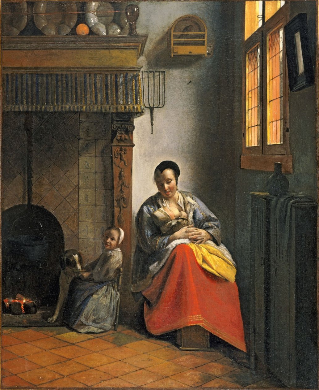 Woman Nursing an Infant, with a Child and a Dog by Pieter de Hooch