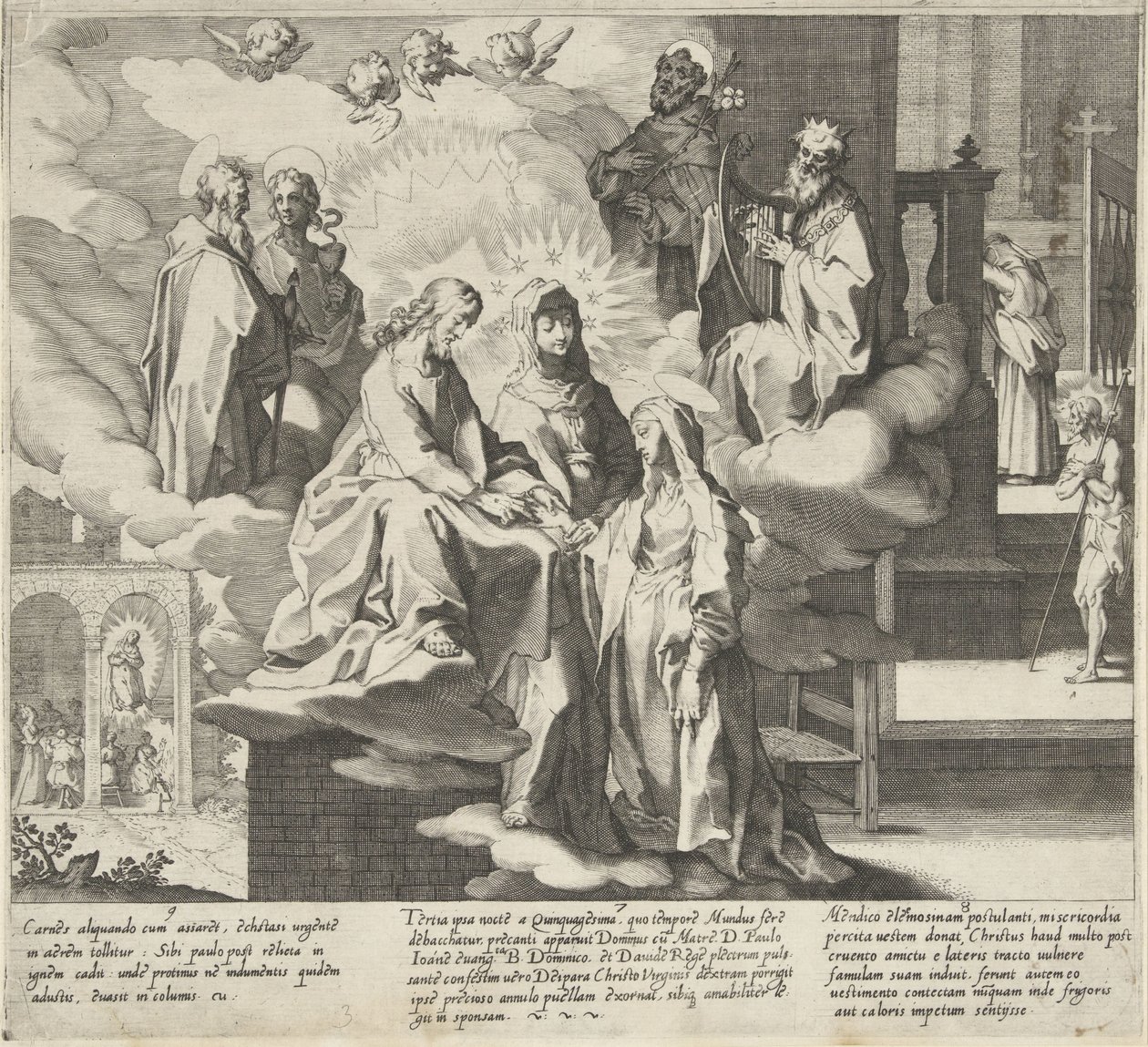 Catherine Appears / Marriage of Catherine / Catherine Shares Her Cloak (Scenes from the Life and Miracles of Saint Catherine of Siena) (Life, Death, Deeds, and Selected Miracles of Blessed Catherine of Siena) by Pieter de Jode (I)