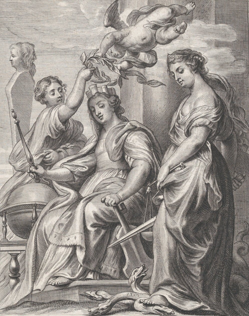 Allegory of Good Government, seated at center and being crowned by a putto and a woman by Pieter de Jode II