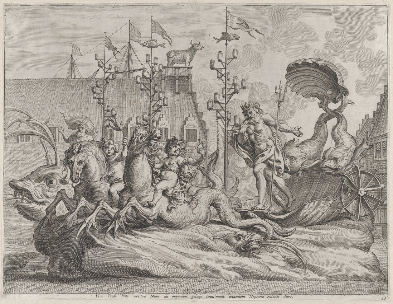 Philip of Spain as Neptune, riding in a chariot drawn by two sea horses, from Gu... by Pieter de Jode II