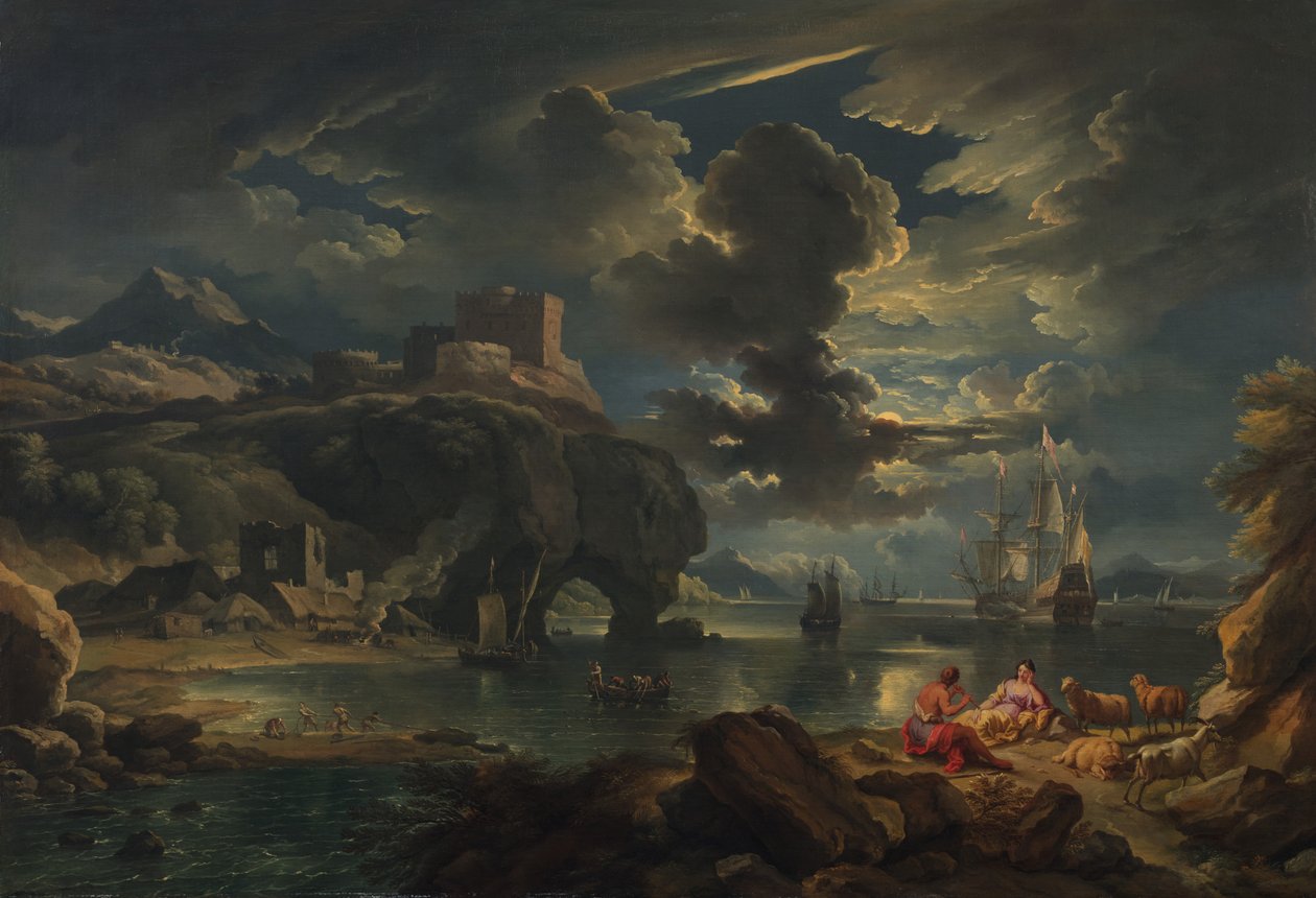 A Mediterranean Moonlit Coastal Landscape, c.1700-01 by Pieter the Younger Mulier