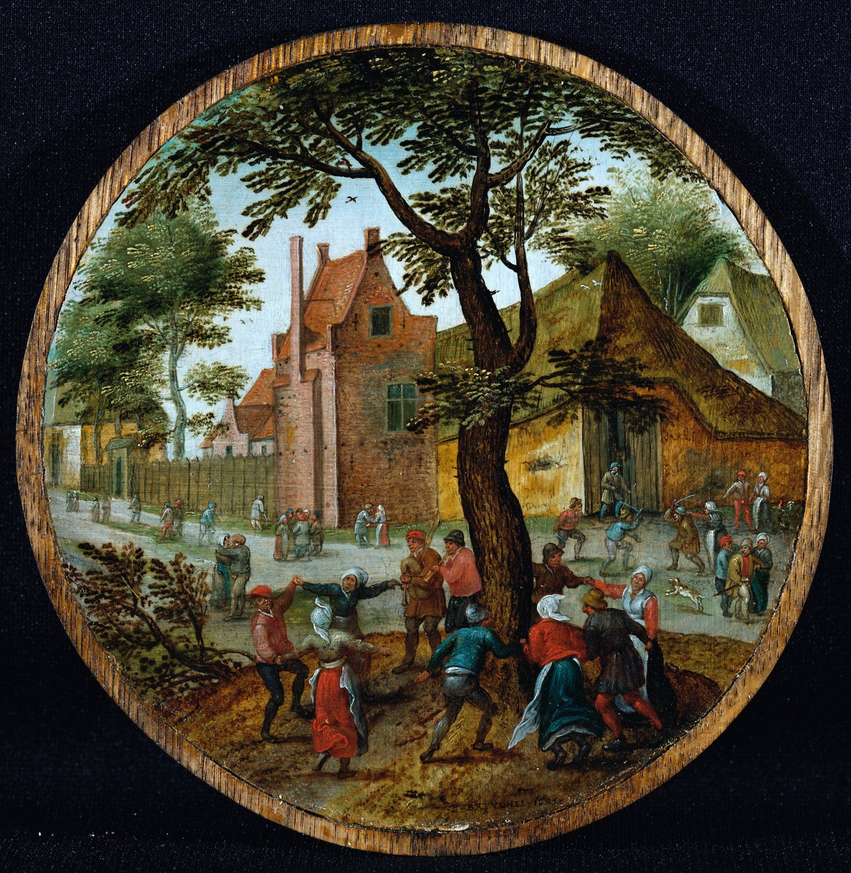 Peasants dancing around a tree in a village street by Pieter Brueghel the Younger