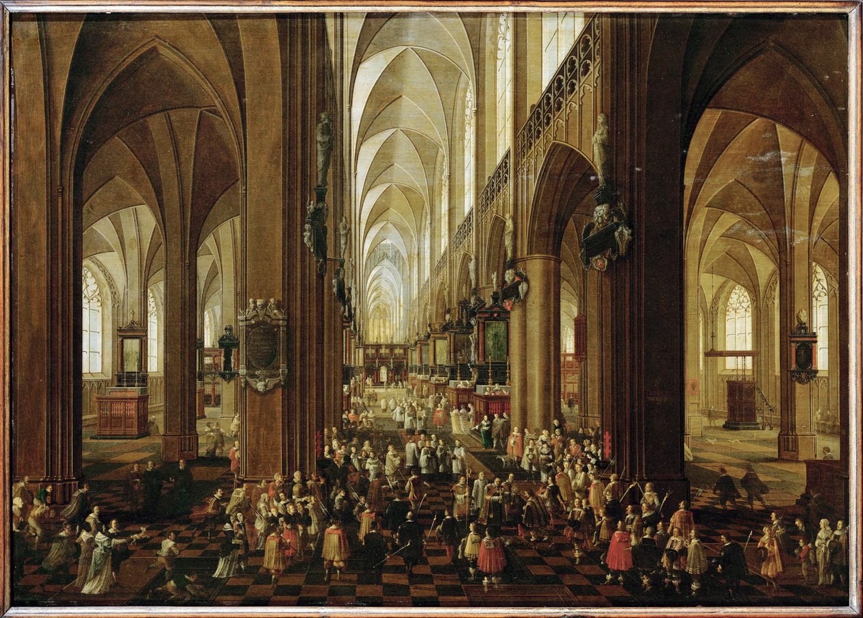 Interior of Notre Dame of Antwerp, Archduke Leopold Wilhelm Received by the Chapter by Pieter the Younger Neefs