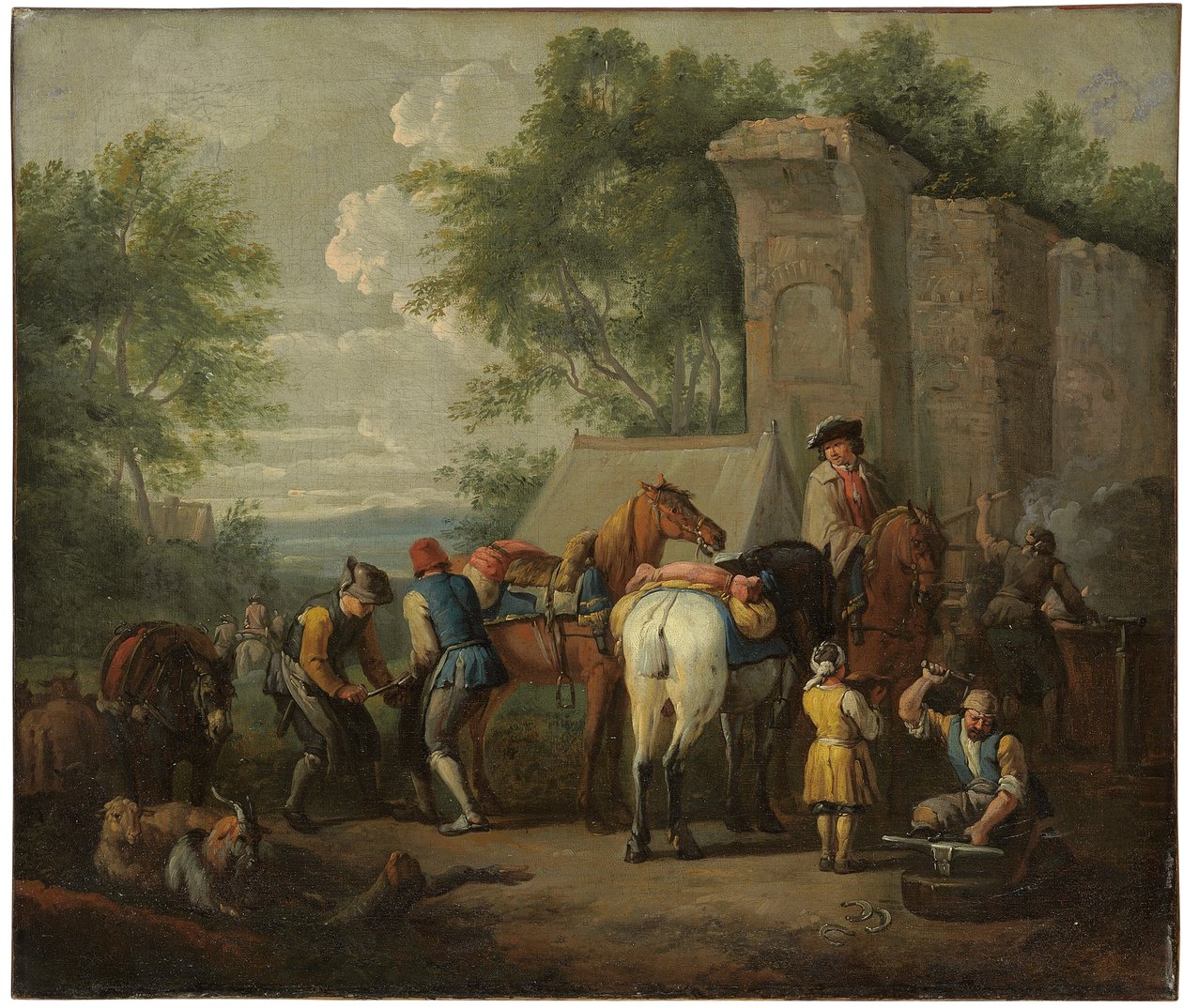 A military blacksmith shoeing horses by a ruin by Pieter van Bloemen