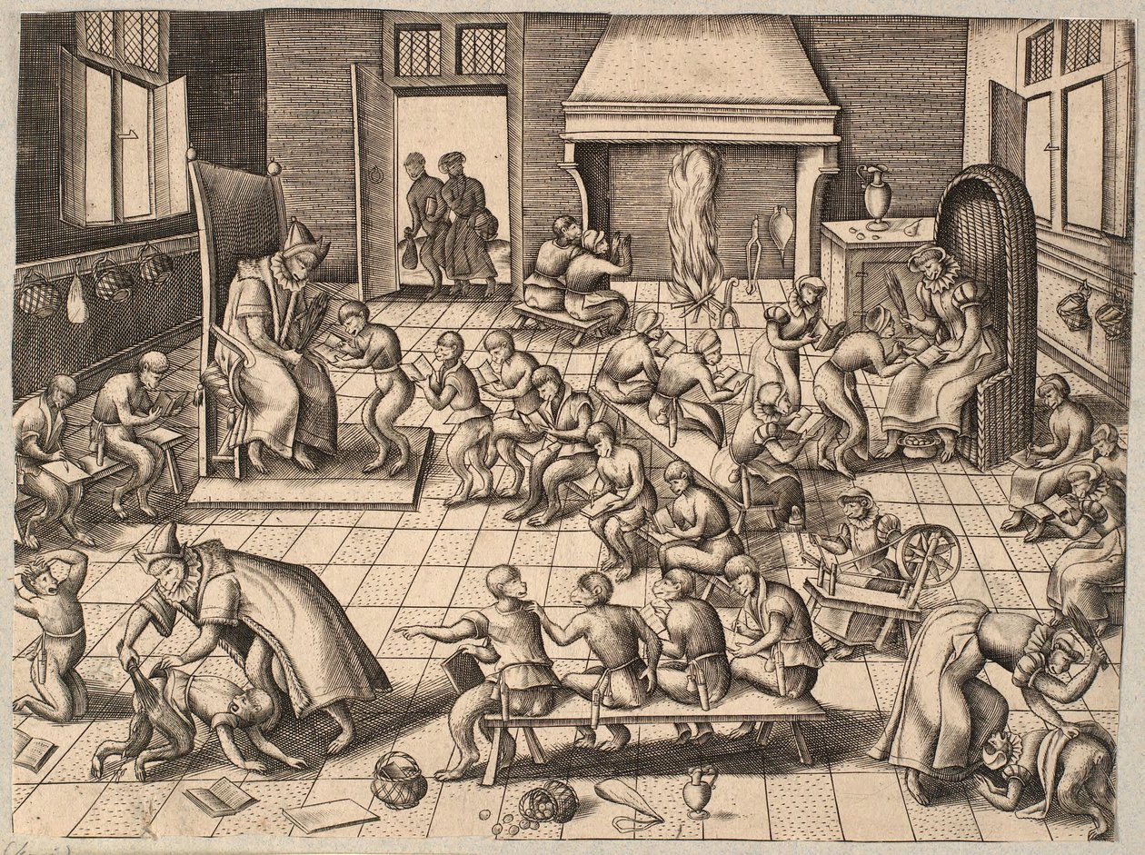 The Classroom. Monkeys Being Taught and Punished in a Classroom by Pieter van der Borcht
