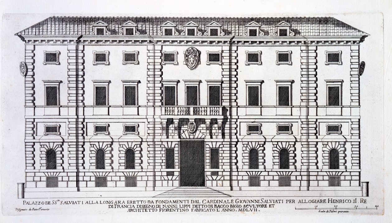 View of the facade of Palazzo Salviati in Rome, commissioned by Cardinal Giovanni Salviati to house Henry, King of France, and designed by Nanni di Baccio Bigio in 1557 by Pietro Ferrerio