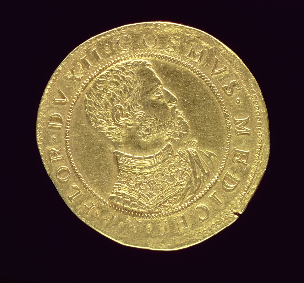 Obverse of coin of Cosimo I (1519-74) in armour Inscription: COSMVS MEDICES R P FLOR DVX II by Pietro Paolo Galeotti