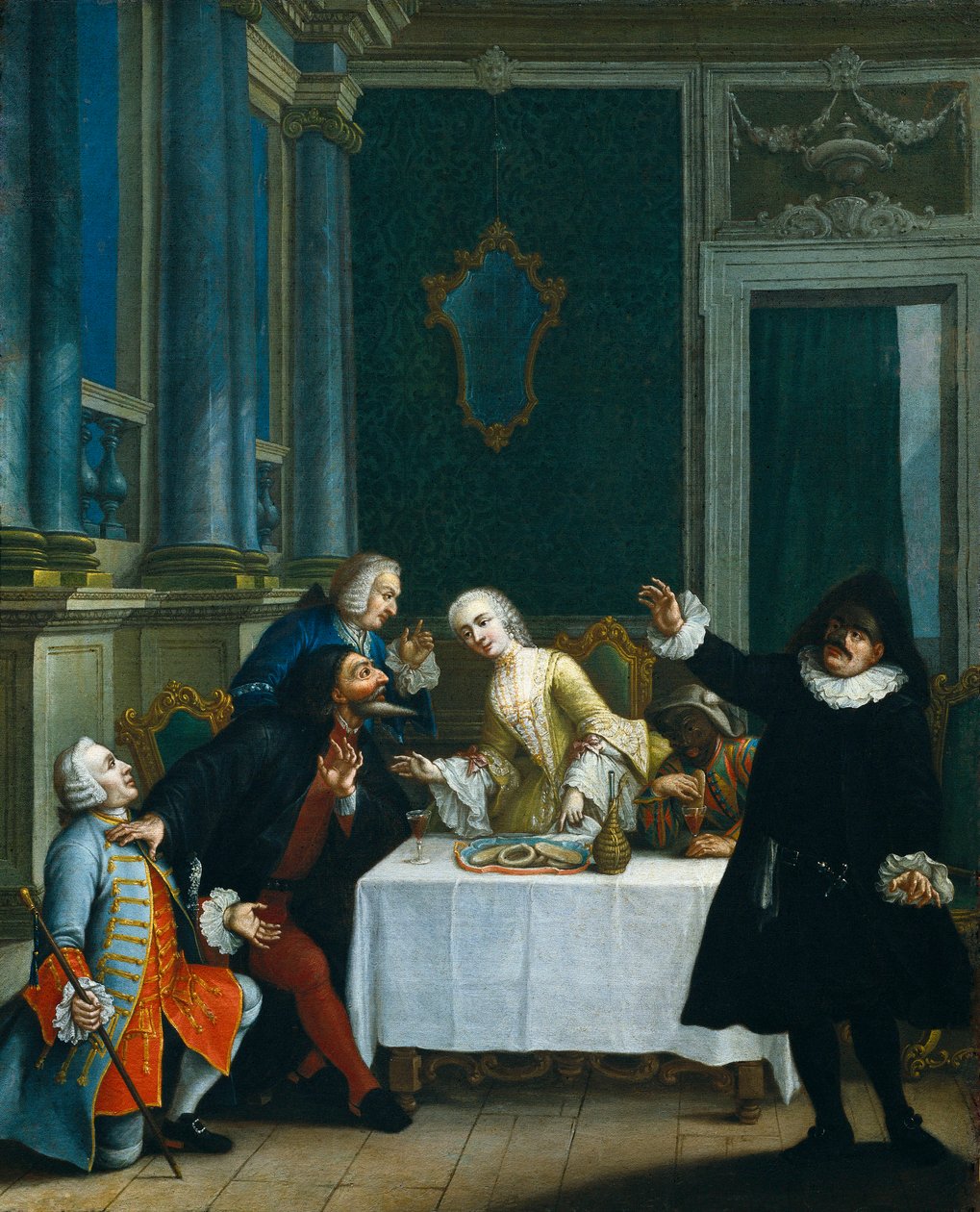 The snack with the masks (detail) by Pietro (school of) Longhi