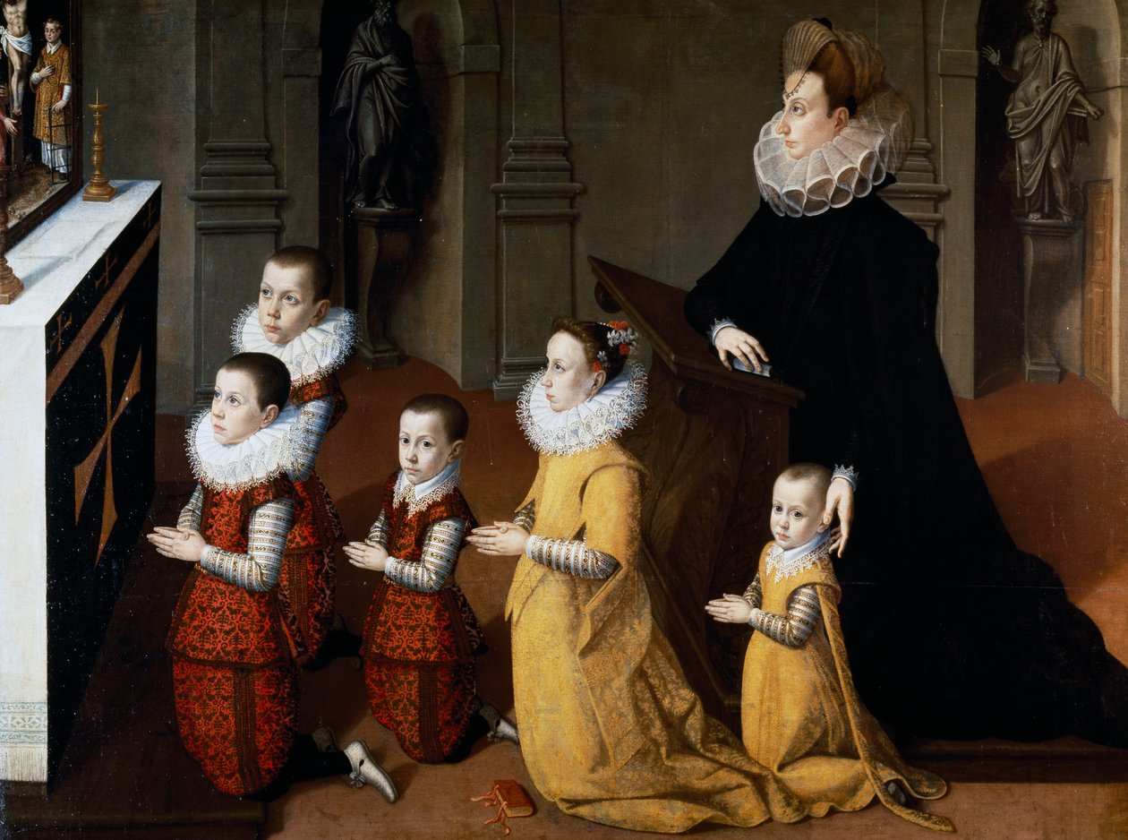 Portrait of Chiara Albini Petrozzani with Their Children in Prayer by Pietro Facchetti
