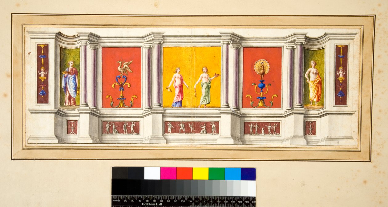 A long wall with seven panels with a narrow frieze below by Pietro Santi Bartoli