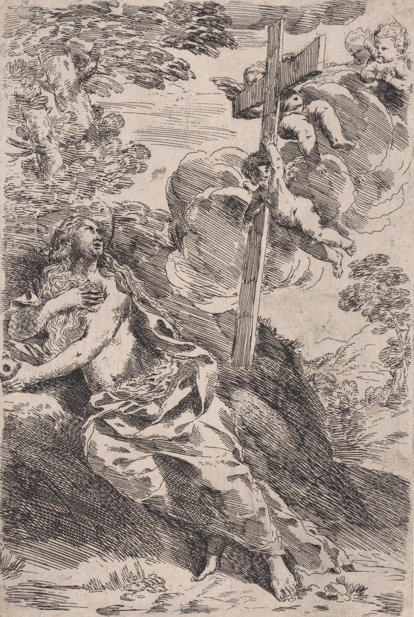 Mary Magdalene in the desert, a cross borne by angels at the right by Pietro Testa