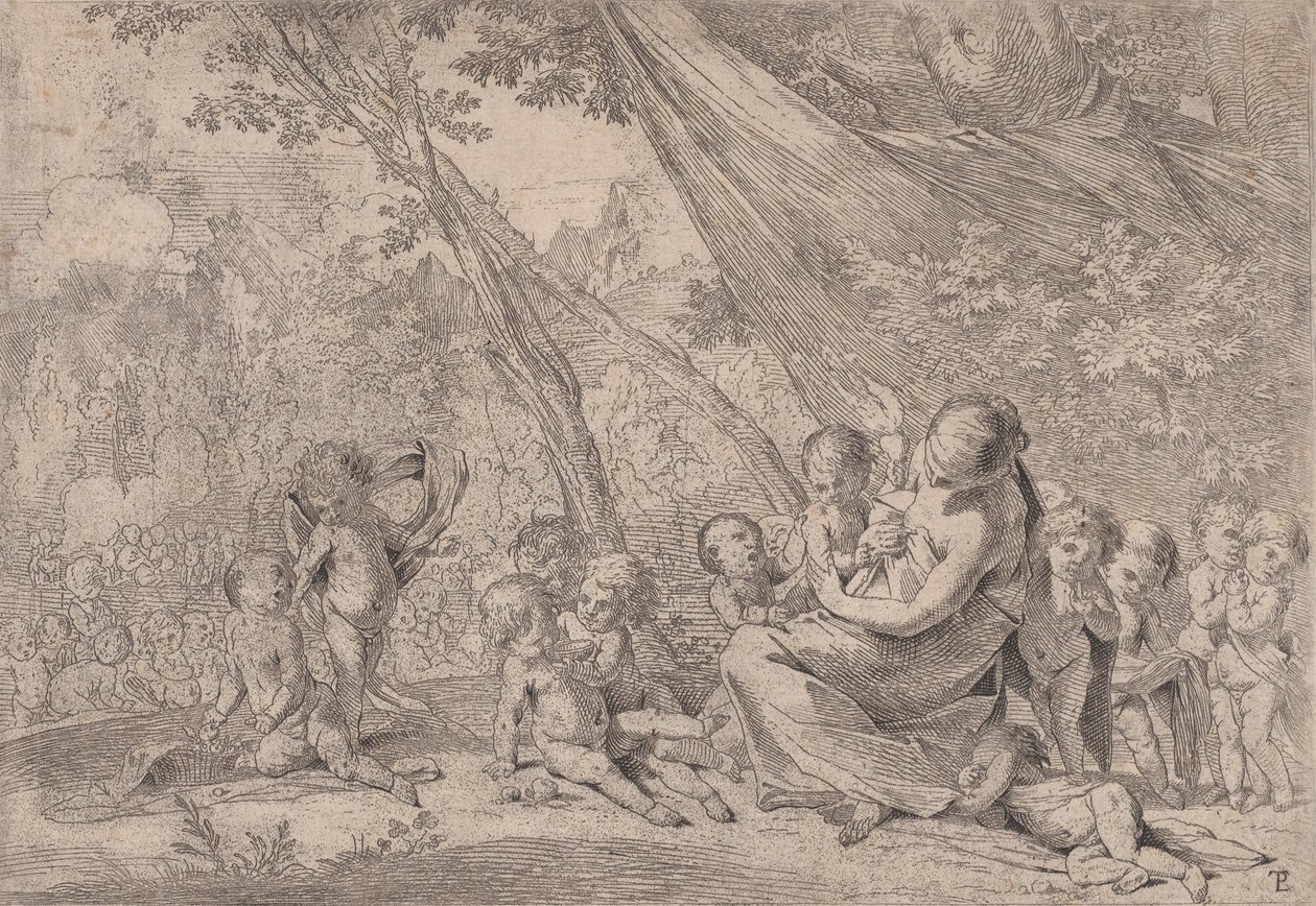 The Garden of Charity, Woman Representing Charity at Right Surrounded by Children by Pietro Testa