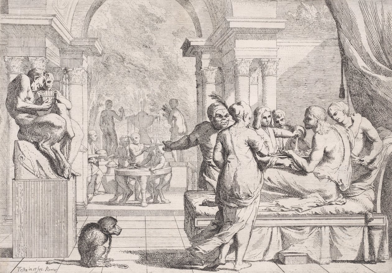The Prodigal Son Seated on a Couch Being Served Wine, Revelers in the Background by Pietro Testa