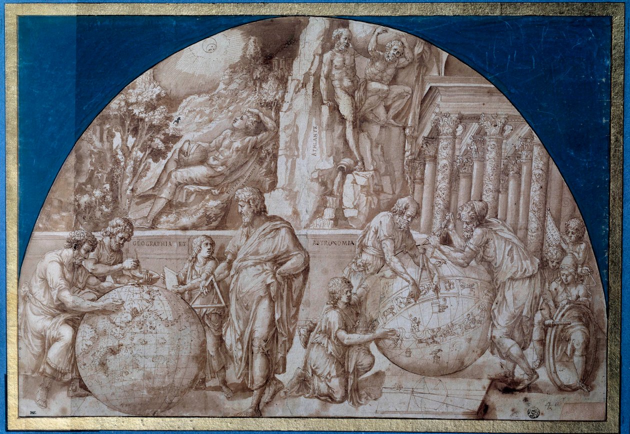 Astronomy allegory. Scientists are taking measurements on Earth globes by Pirro Ligorio