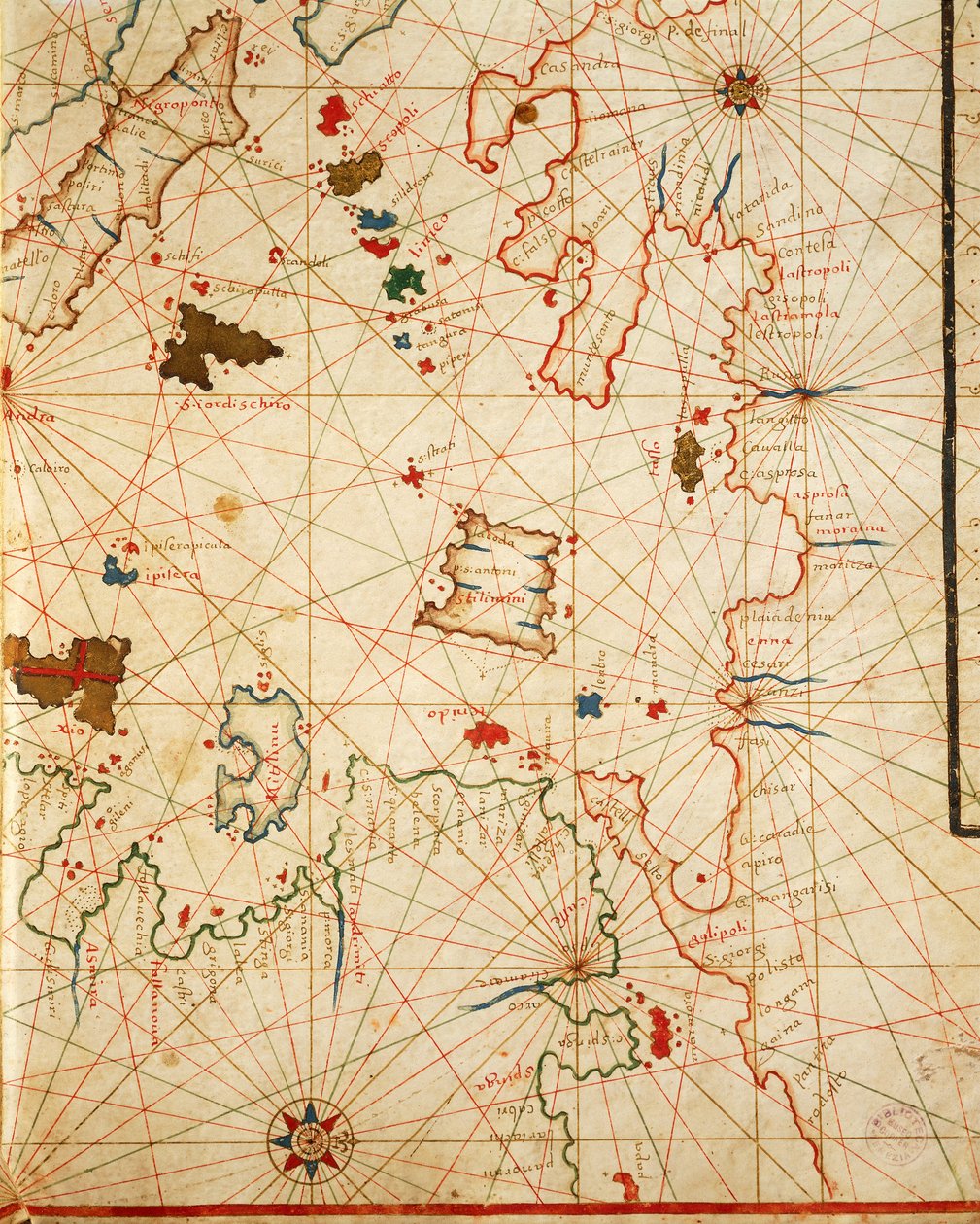 The Peloponnese, from portolan atlas consisting of six charts, Parchment. 1646 by Placido Caloiro e Oliva