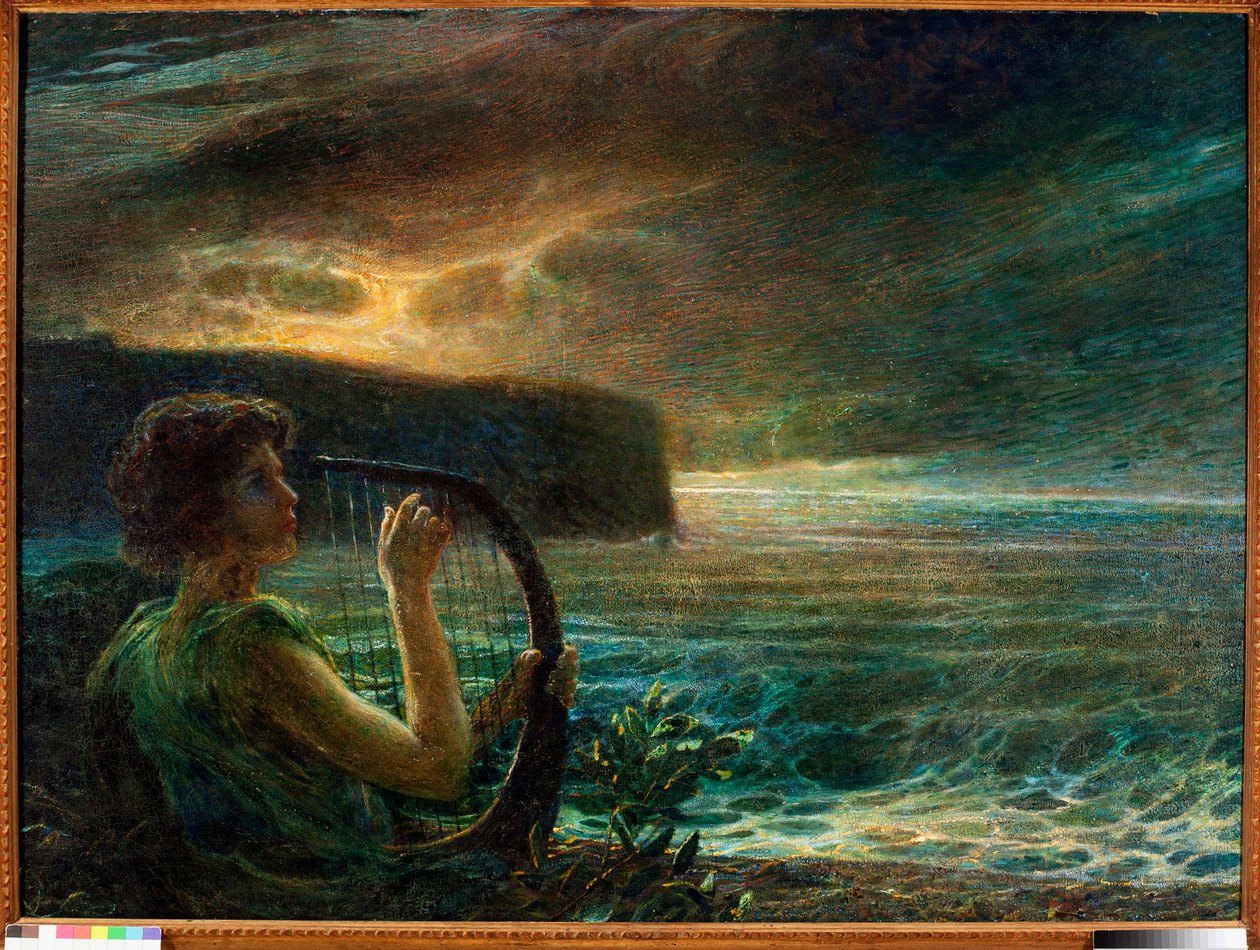 Full Moon, Tribute to a Feminine Deity, Playing Lyre in a Seascape with Stormy Sky by Plinio Nomellini