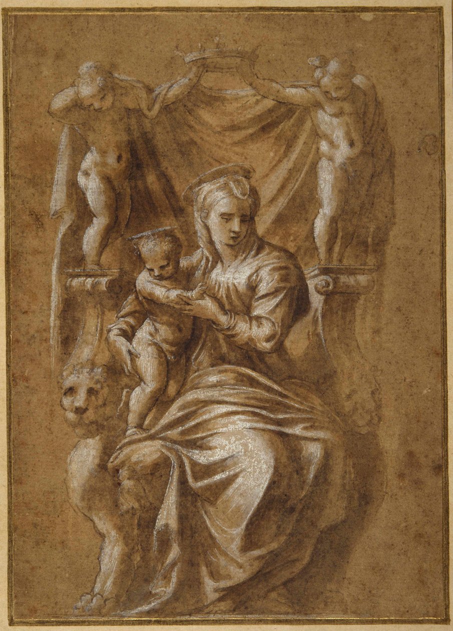The Madonna and Child enthroned by Polidoro da (follower of) Caravaggio