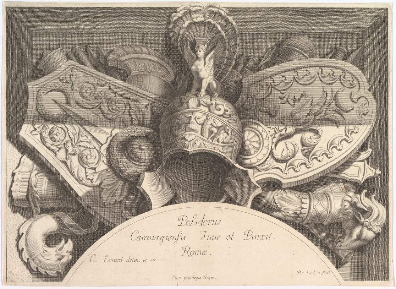 Divers Trophées Weapon Trophies after the Façade of Palazzo Milesi in Rome, 1651 by Polidoro da Caravaggio